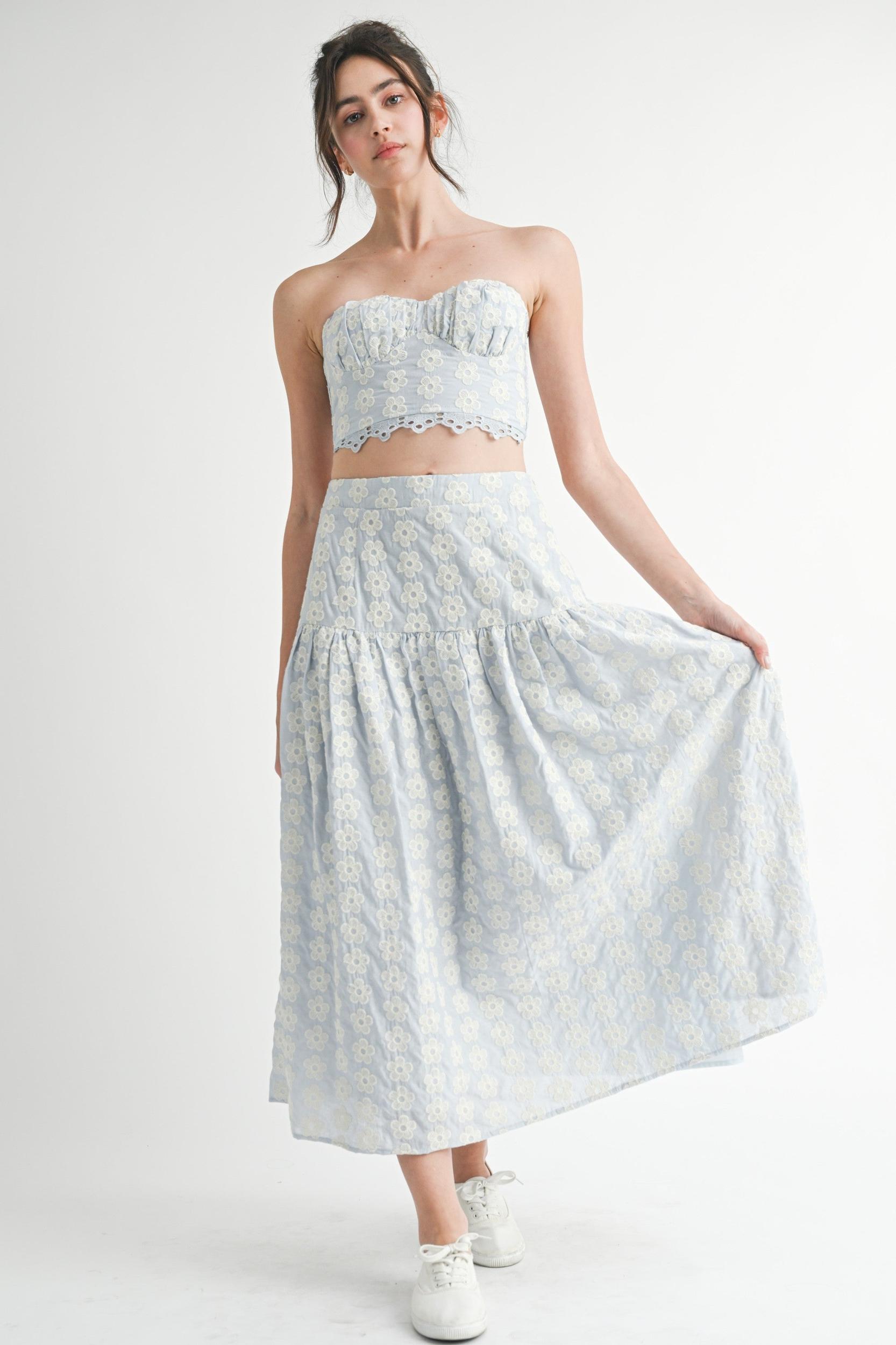 Alyssa Floral Eyelet Strapless Crop Top | Blue Product Image