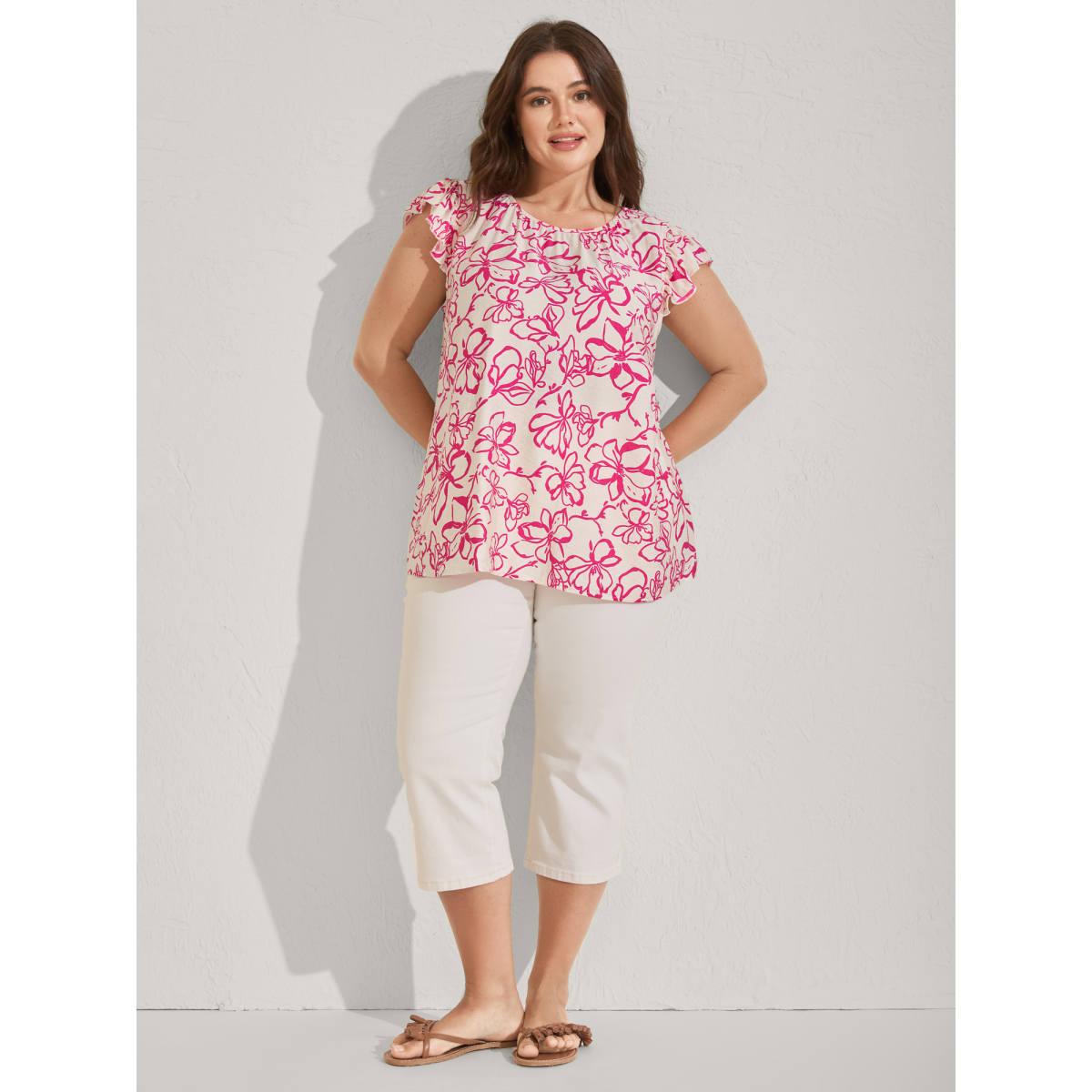 Plus Size Peach Floral Print Flutter Sleeve Blouse Women Cap Sleeve Round Neck Everyday-Elegant Blouses BloomChic 14-16/1X Product Image