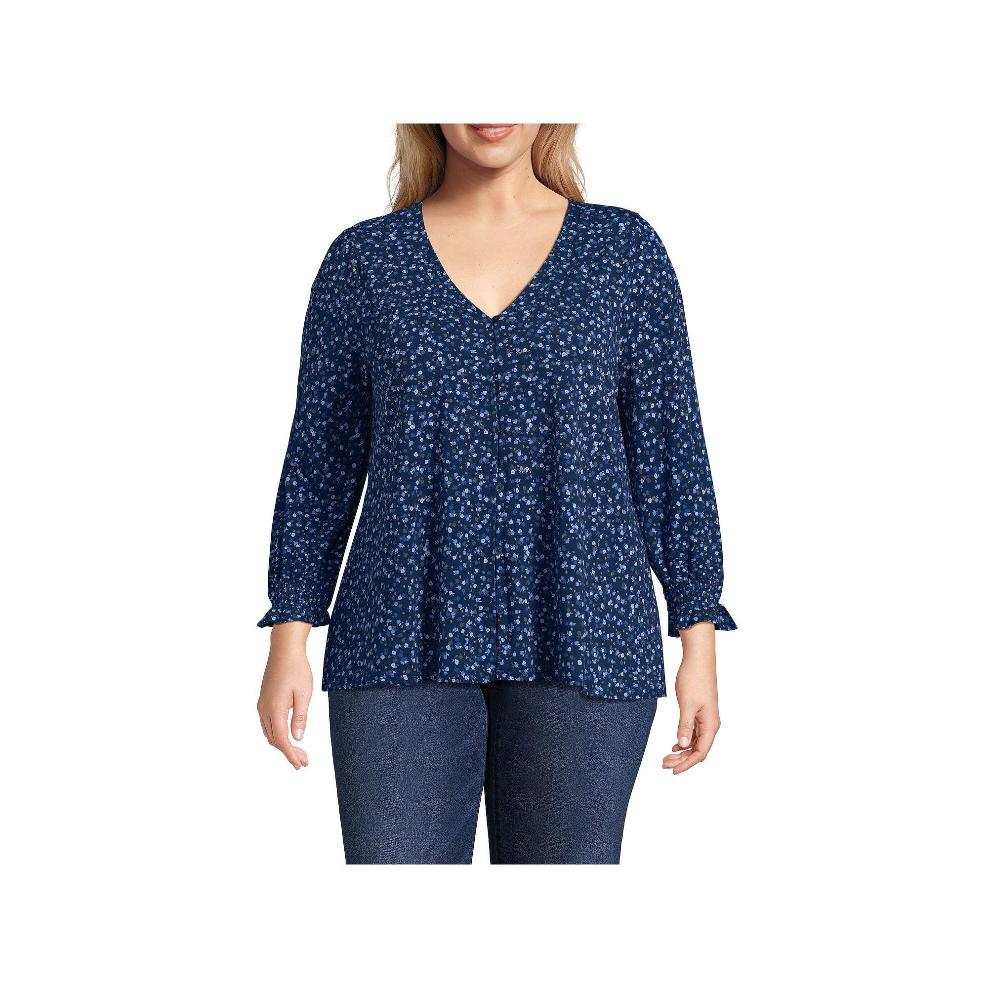 Plus Size Lands End 3/4 Sleeve Lightweight Jersey Button Front Top, Womens Product Image