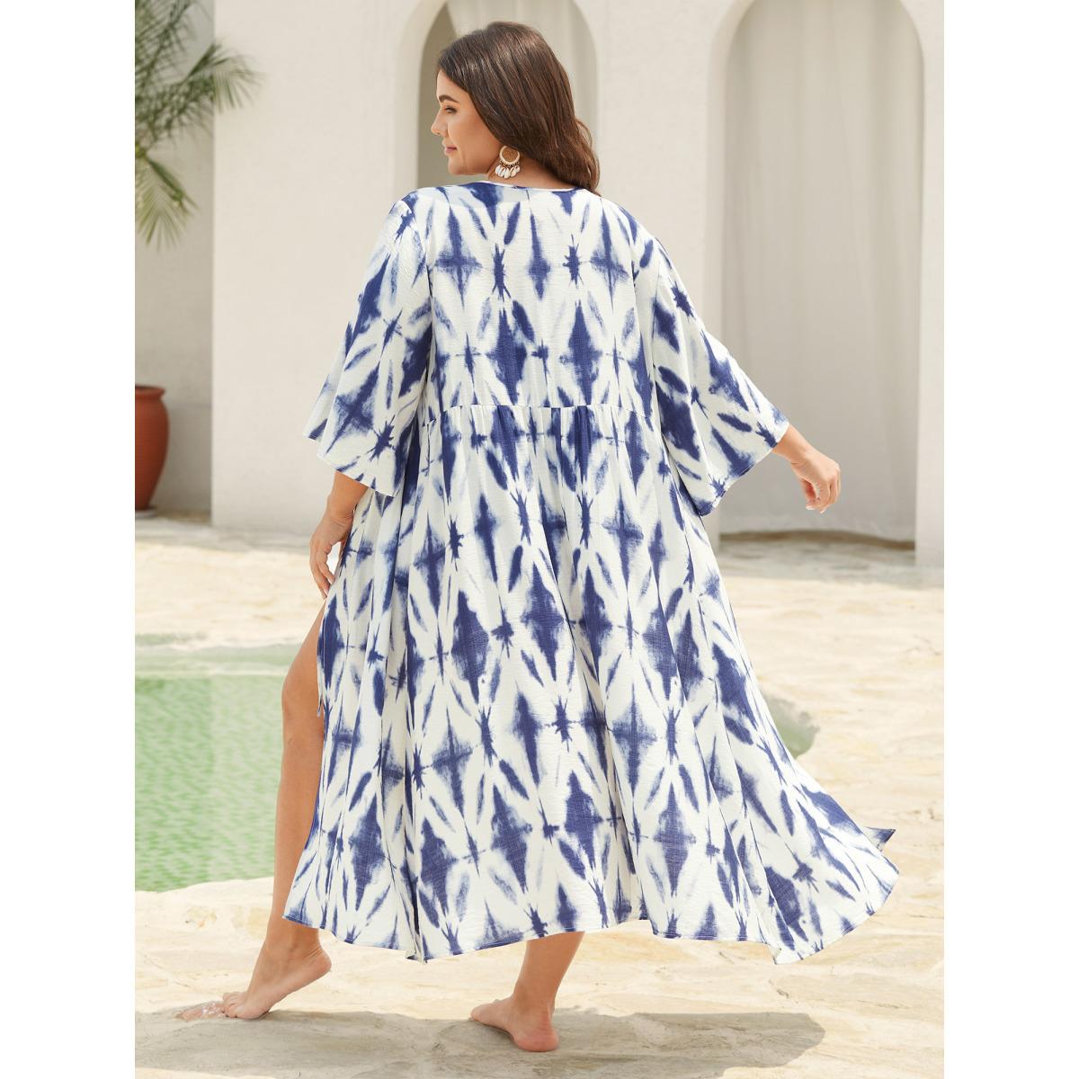Plus Size Tie Dye Front-Tie Kimono Women Indigo Tie knot Loose Vacation Kimonos BloomChic 28/5X Product Image