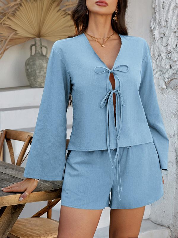 Flared Sleeves Long Sleeves Solid Color Tied V-Neck Blouses&Shirts Tops + Shorts Bottom Two Pieces Set Product Image