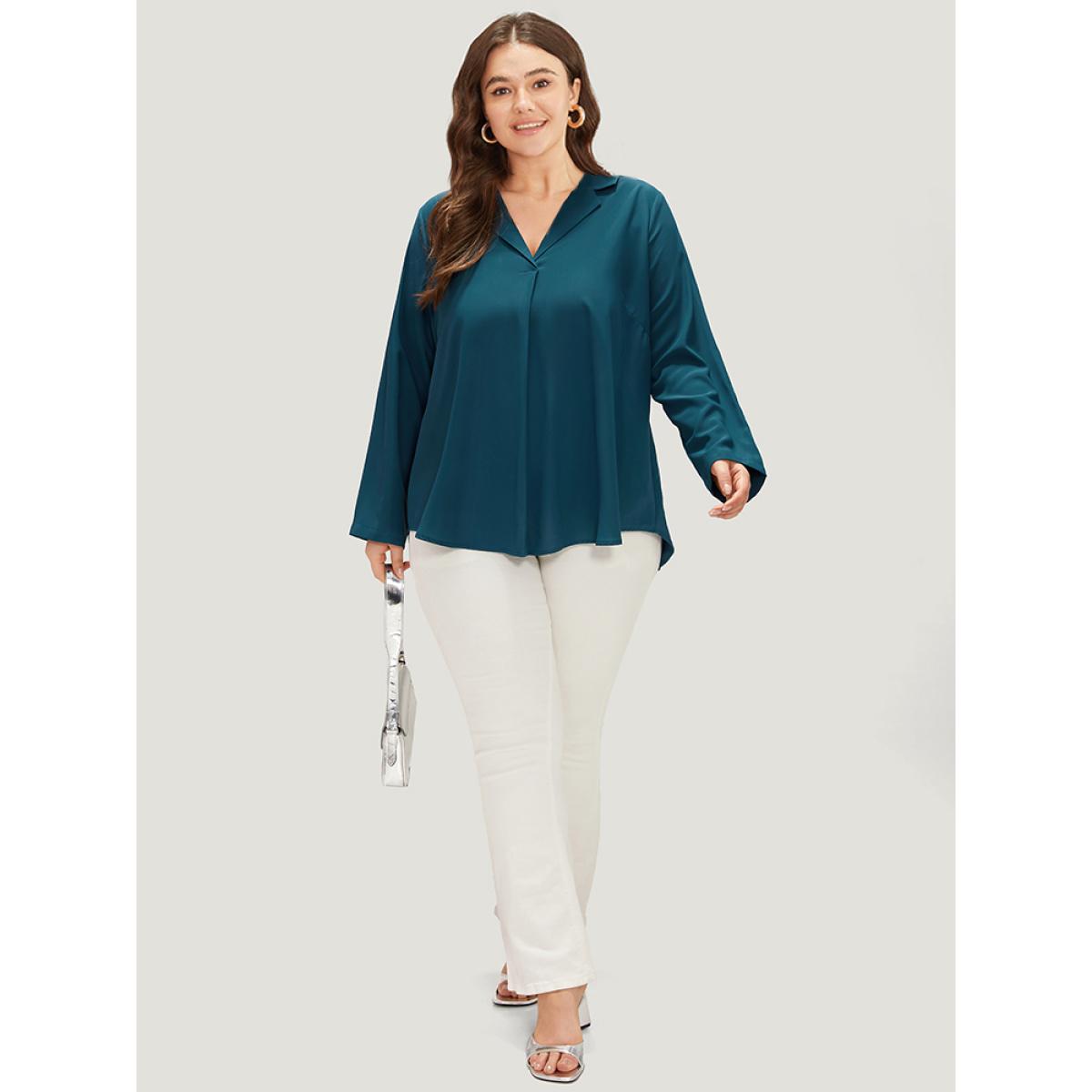 Plus Size Aegean Solid Shirt Collar Plicated Detail Blouse Women Office Long Sleeve Shirt collar Office Blouses BloomChic 14-16/1X Product Image