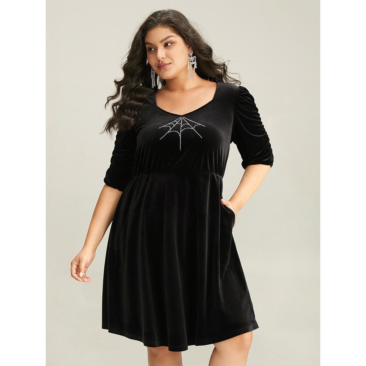 Plus Size Halloween Velvet Rhinestone Pocket Dress Black Women Elegant Rhinestone detailing Square Neck Half Sleeve Curvy Knee Dress BloomChic 22-24/3X Product Image
