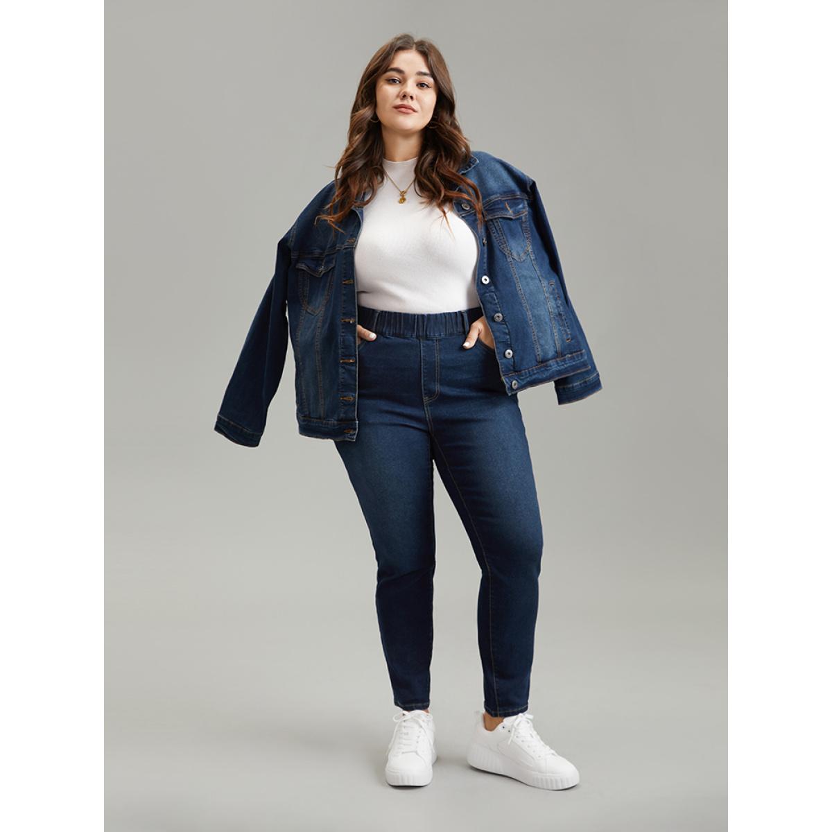Plus Size Skinny Plain Elastic Waist Dark Wash Jeans Women Indigo Casual Plain Plain High stretch Pocket Jeans BloomChic 22/3X Product Image