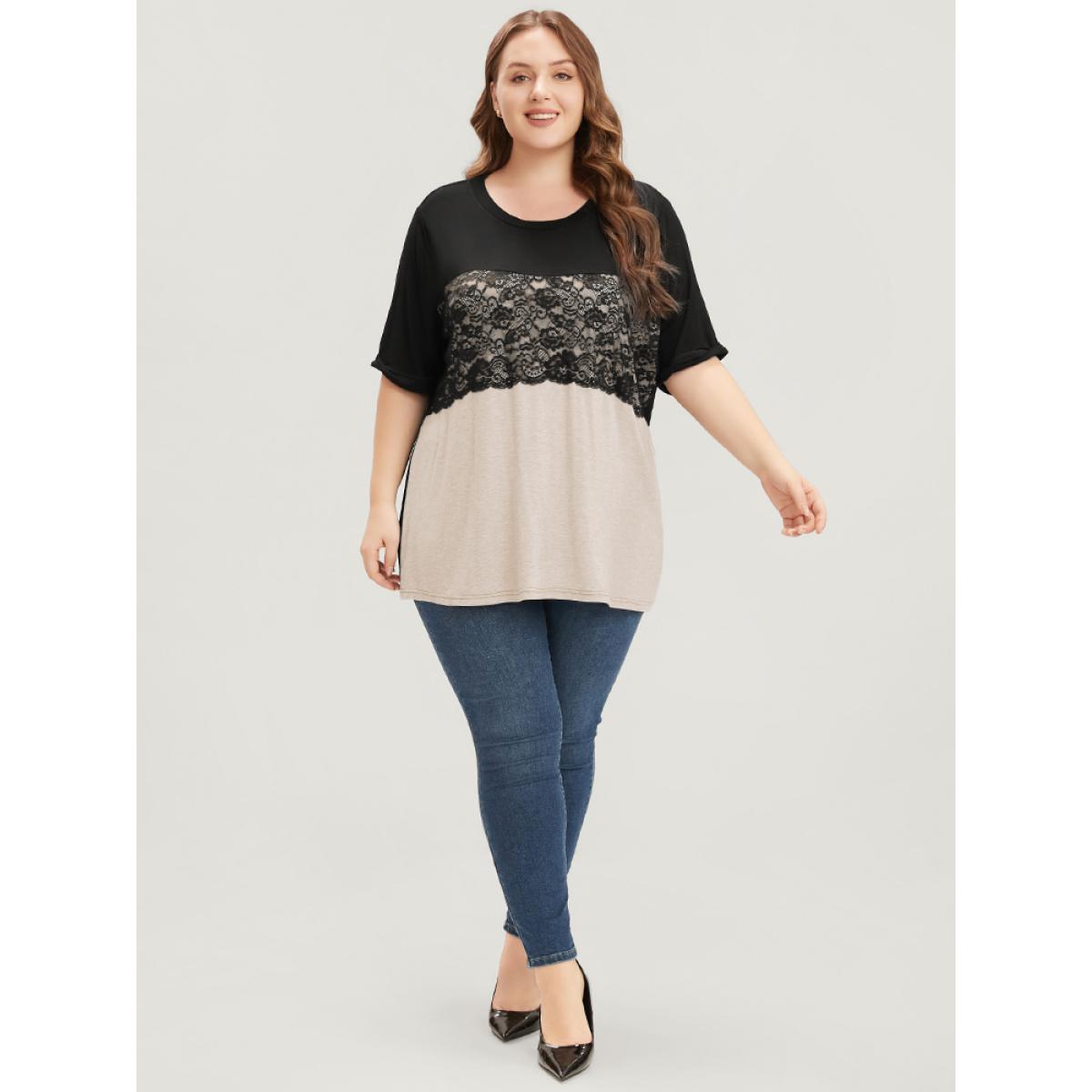 Plus Size Colorblock Contrast Round Neck Lace Insert T-shirt Tan Women Elegant Contrast Colorblock Round Neck Dailywear T-shirts BloomChic 14-16/1X Product Image