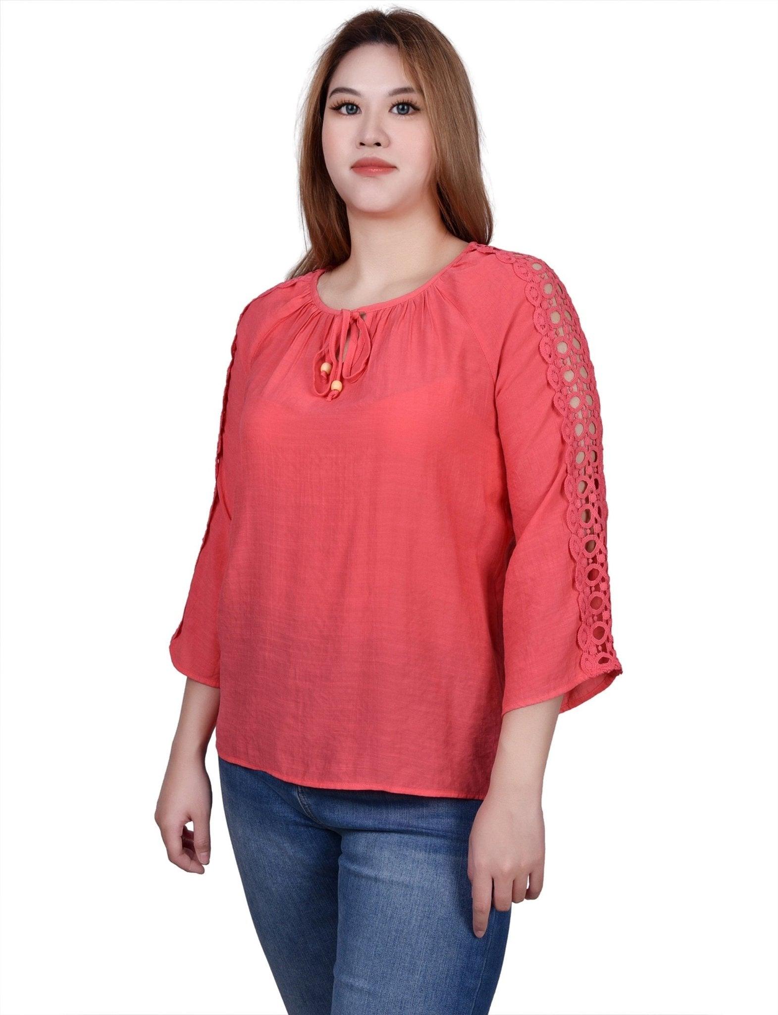 3/4 Length Sleeve Crochet Detail Blouse Product Image