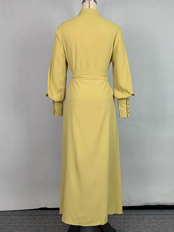 A-Line Long Sleeves Buttoned Pleated Pockets Solid Color Tied Waist V-Neck Maxi Dresses Product Image