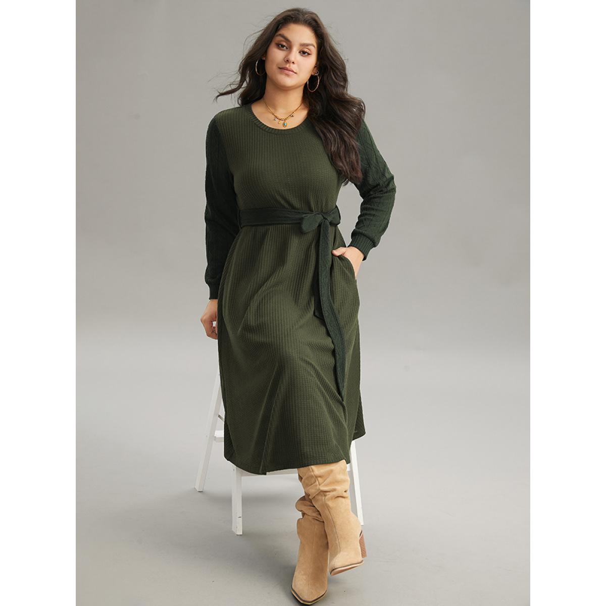 Plus Size Solid Waffle Knit Round Neck Belted Dress ArmyGreen Women Casual Texture Round Neck Long Sleeve Curvy Midi Dress BloomChic 10/M Product Image