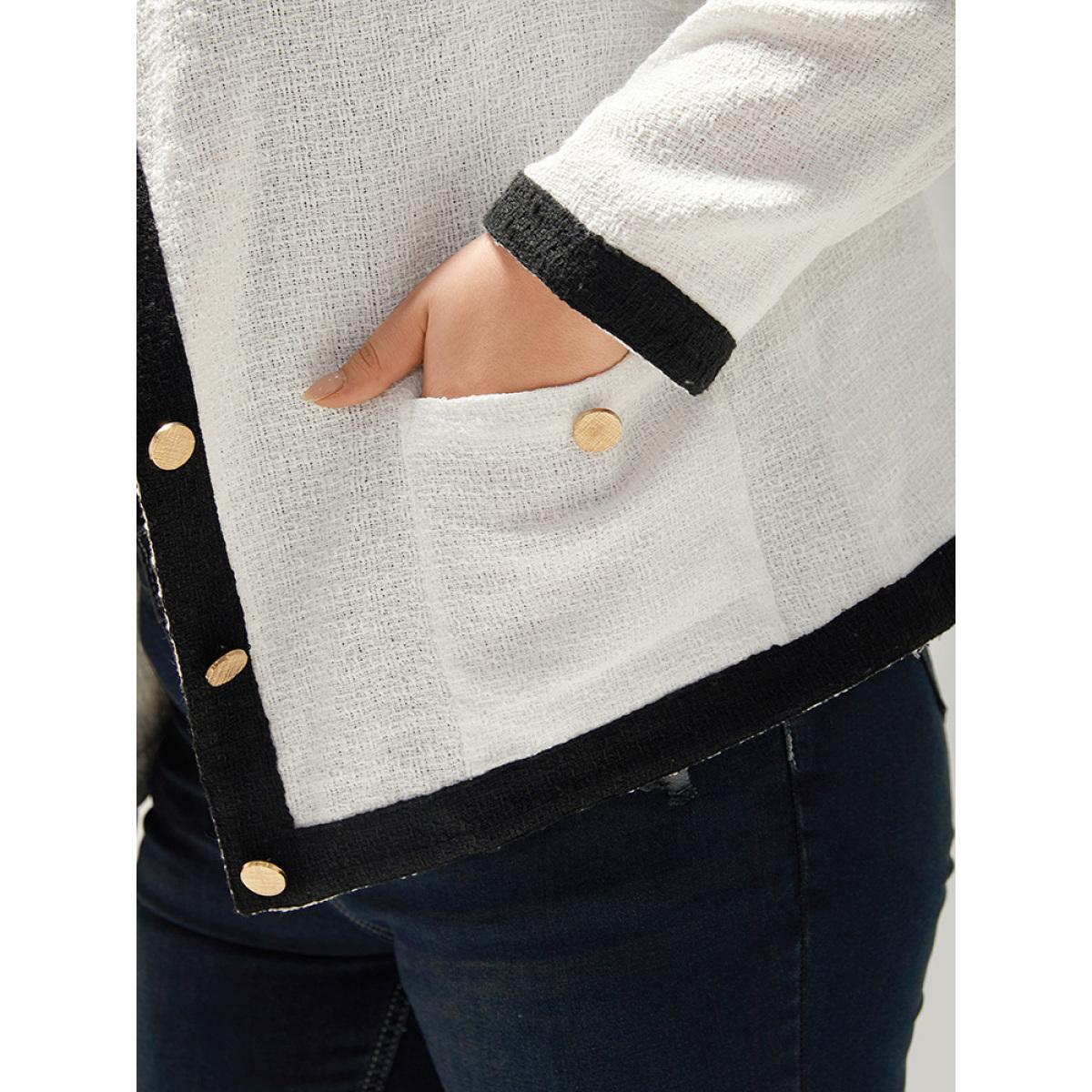 Plus Size Two Tone Tweed Buckle Detail Pocket Blazer White Women Office Plain Texture Sleeve Long Sleeve Round Neck 14-16/1X Pocket Work From Home Blazers BloomChic Product Image