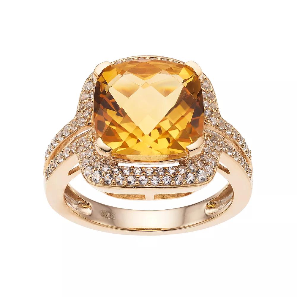 14k Gold Over Silver Citrine & Lab-Created White Sapphire Square Halo Ring, Women's, Size: 6, Sterling Product Image