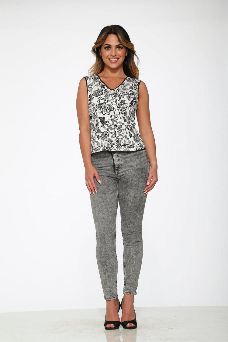 White & Black Floral Top Product Image