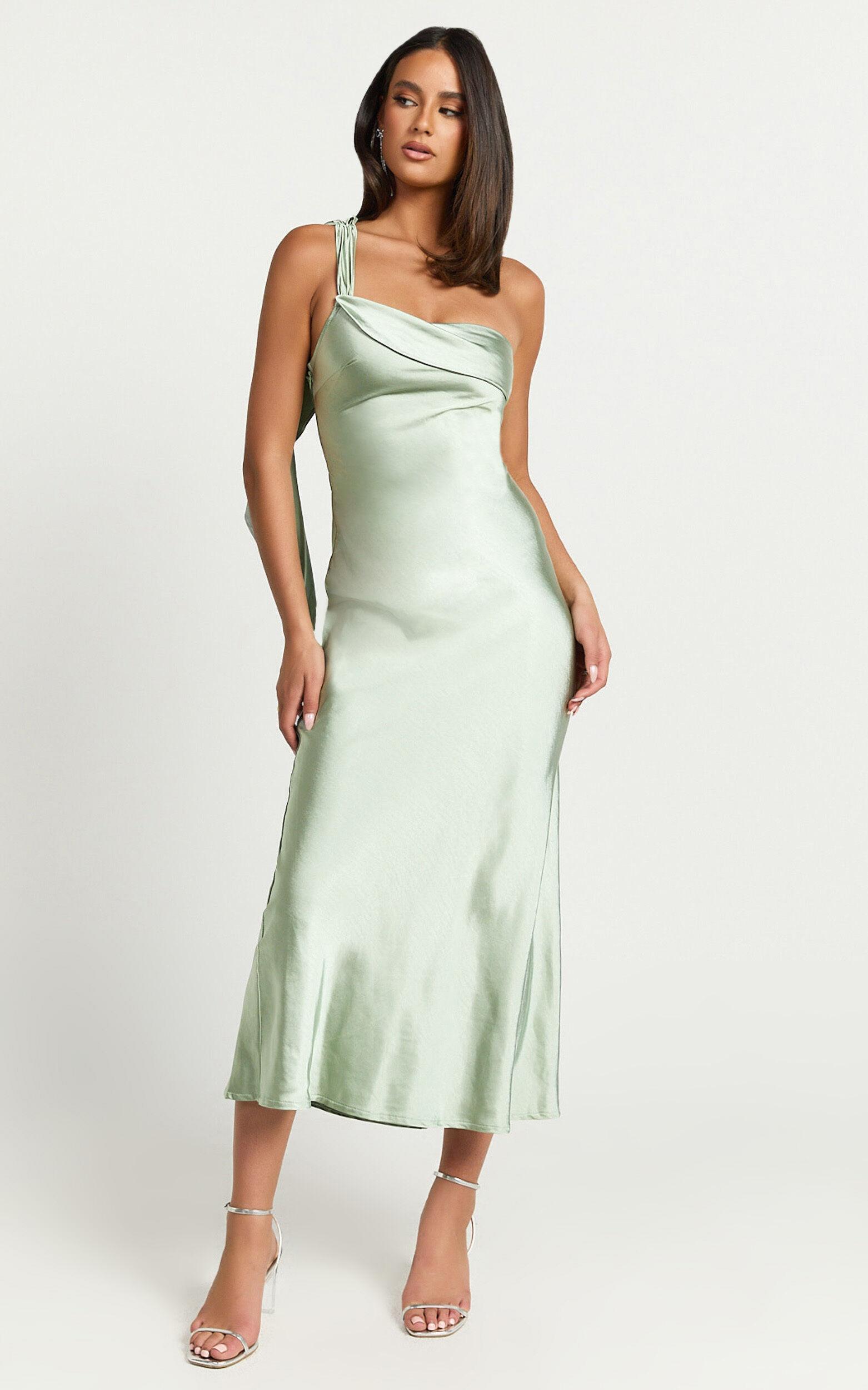 Calix Midi Dress - One shoulder Slip dress in Sage Product Image