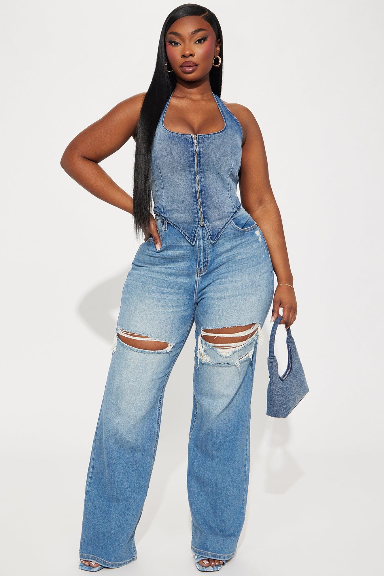 Dominique Denim Halter Top - Medium Wash Product Image