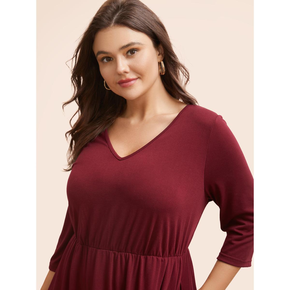 Plus Size Solid V Neck Elastic Waist Midi Dress Burgundy Women Casual Non V-neck Elbow-length sleeve Curvy BloomChic 10/M Product Image