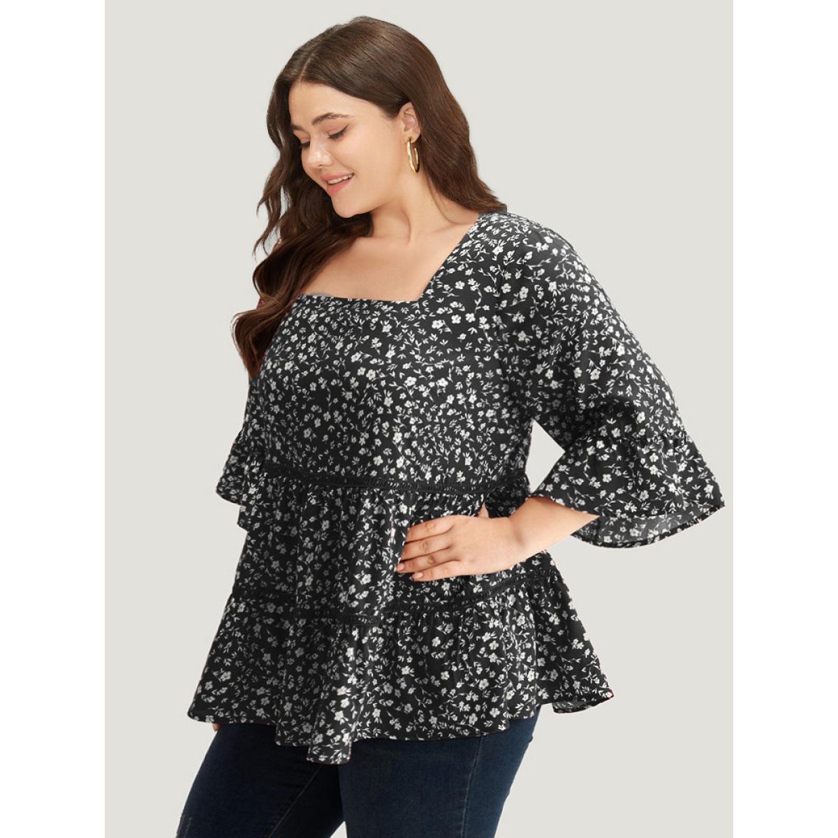 Plus Size Black Silhouette Floral Print Lace Patchwork Square Neck Flutters Blouse Women Elegant Elbow-length sleeve Square Neck Dailywear Blouses BloomChic 26/4X Product Image