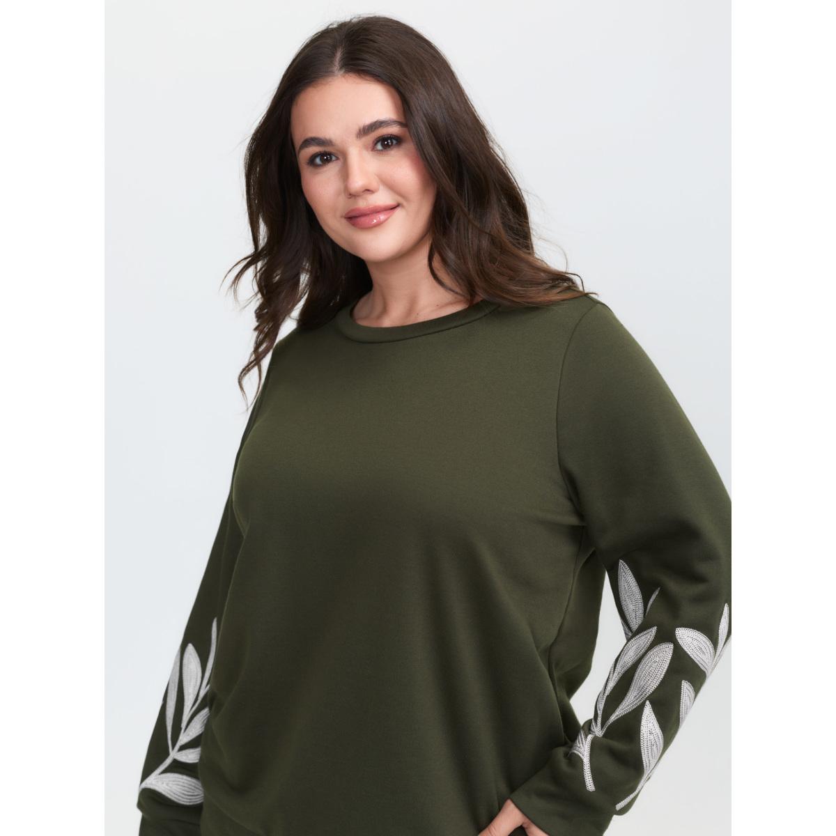 Plus Size Leaf Embroidered Sleeve Round Neck Sweatshirt Women ArmyGreen Leisure Embroidered Round Neck Casual Sweatshirts BloomChic 26/4X Product Image