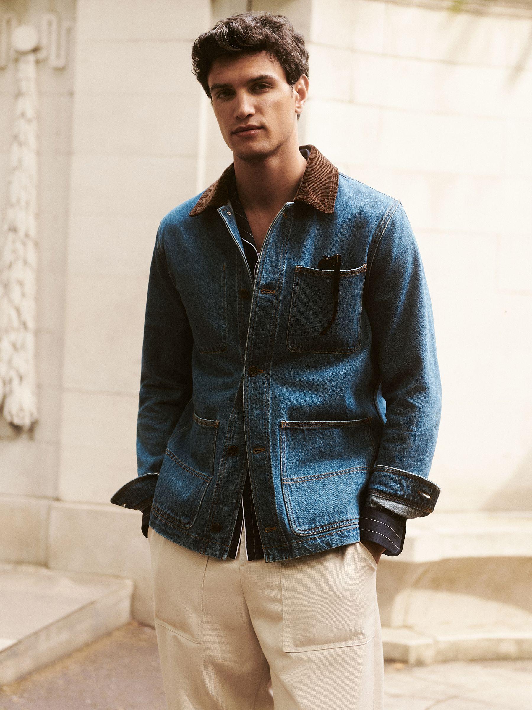 Corduroy Collar Denim Worker Jacket in Denim Blue Product Image