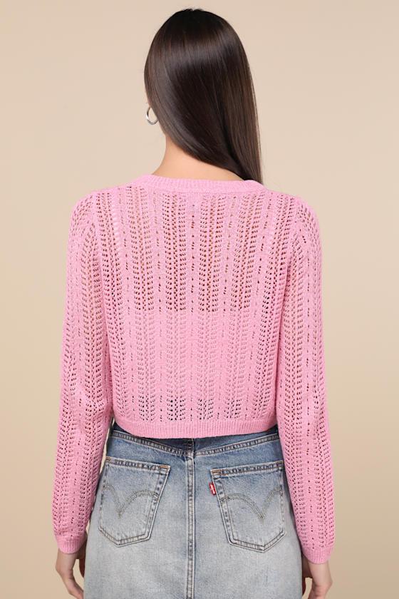 Alwilda Pink Pointelle Knit Tie-Front Cardigan Sweater Top Product Image