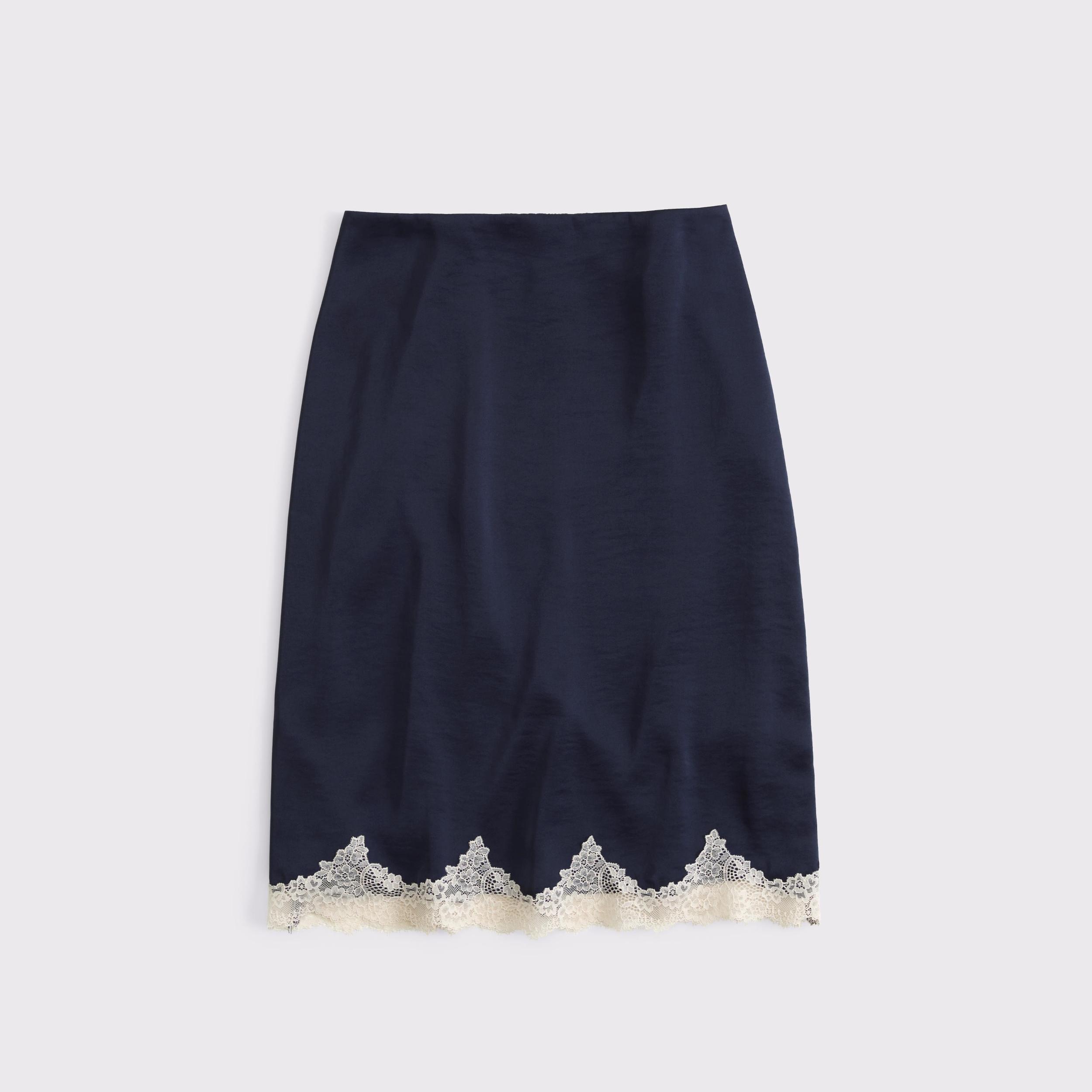 High Rise Satin Lace-Hem Midi Skirt Product Image