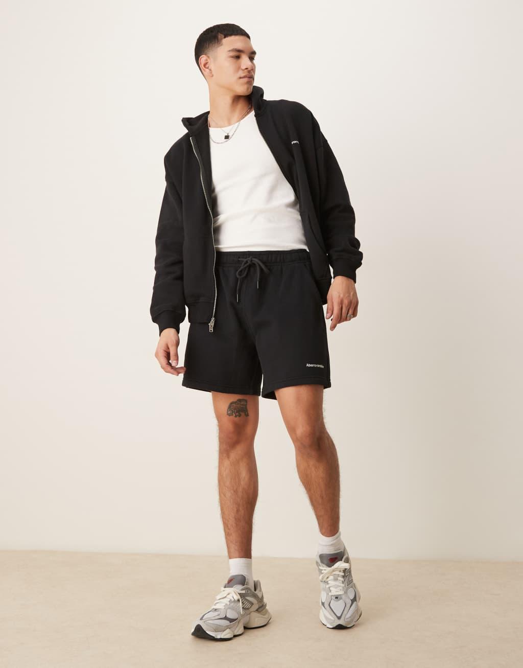 Abercrombie & Fitch logo drawstring fleece shorts in black - part of a set Product Image
