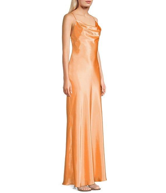 Morgan & Co. Sleeveless Long Spaghetti Strap Charmeuse Draped Front And X Back Long Dress Product Image