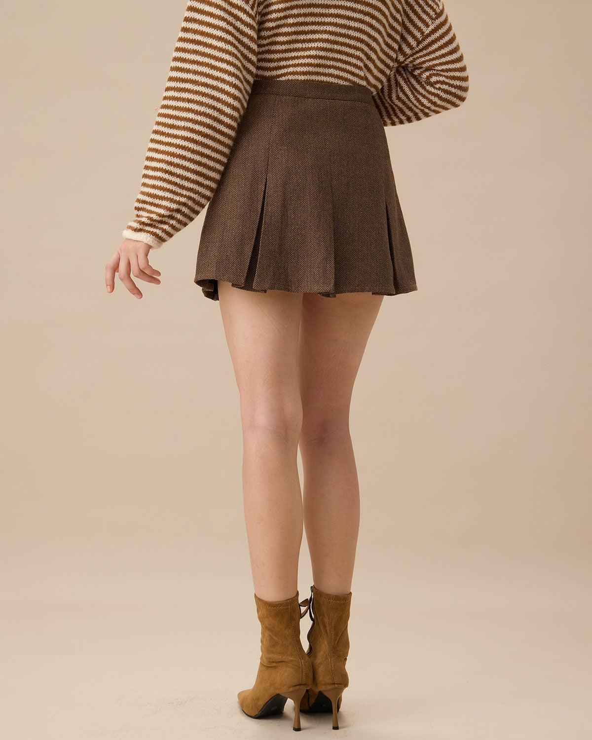 Brown Striped Pleated Mini Skirt Product Image