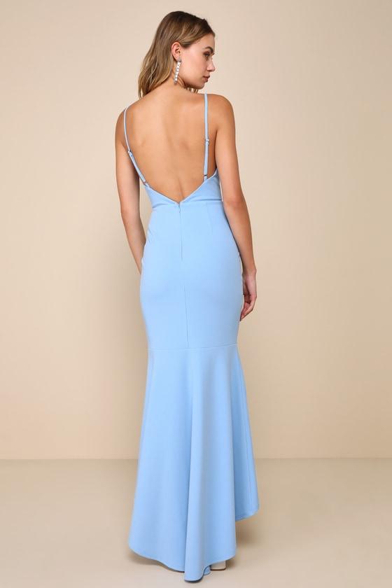 Stunning Enchantment Light Blue Backless Trumpet Hem Maxi Dress Product Image