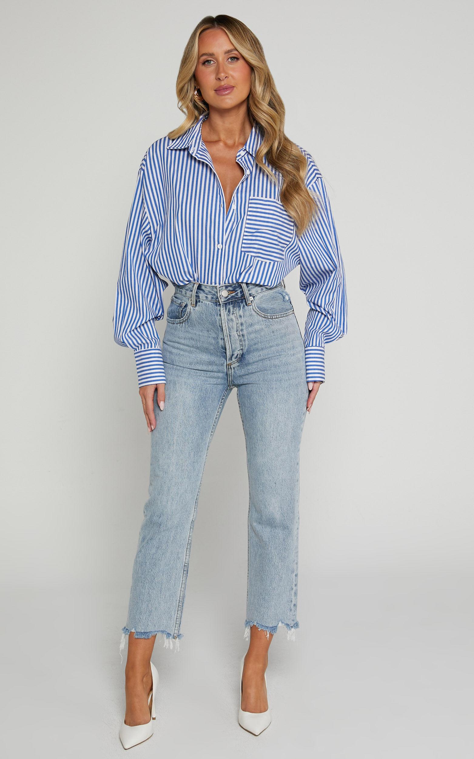 Zelrio Jeans - High Waisted Recycled Cotton Cropped Denim Jeans in Mid Blue Wash Product Image