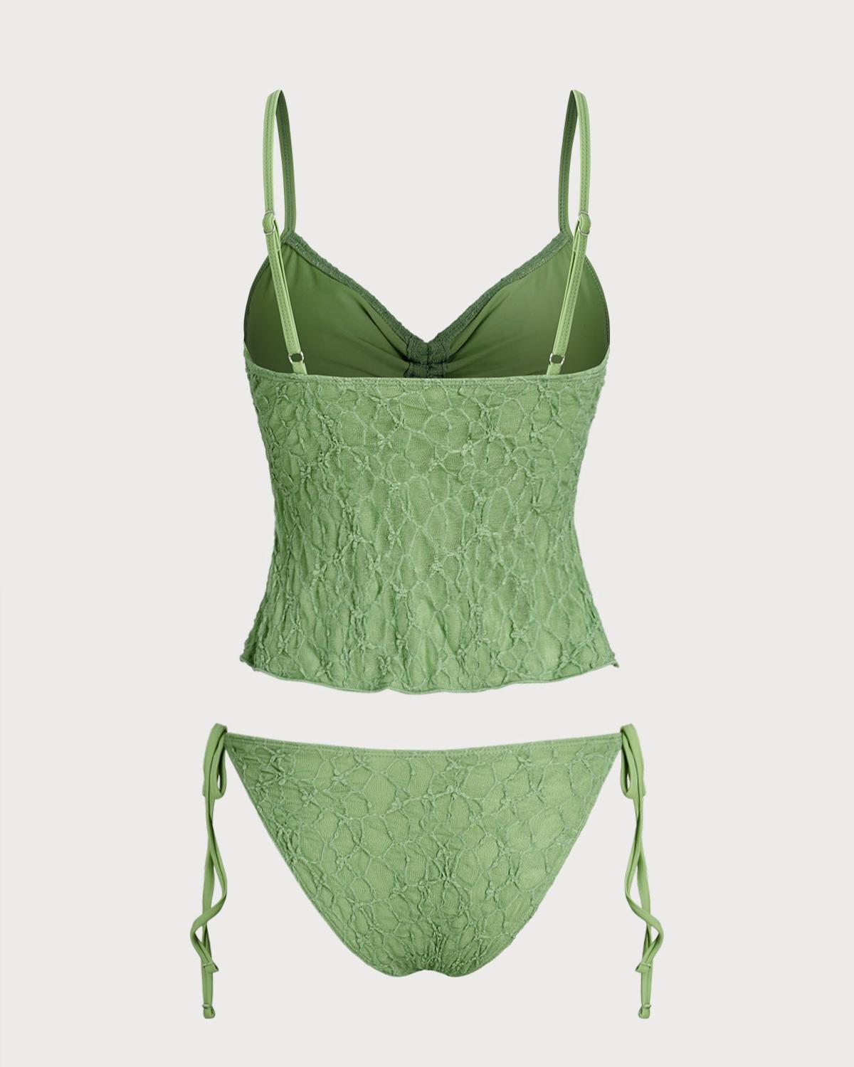 Green Lace Ruched Tankini Swimsuit Product Image
