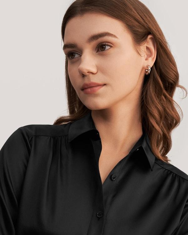 Long Sleeves Collared Silk Blouse Product Image