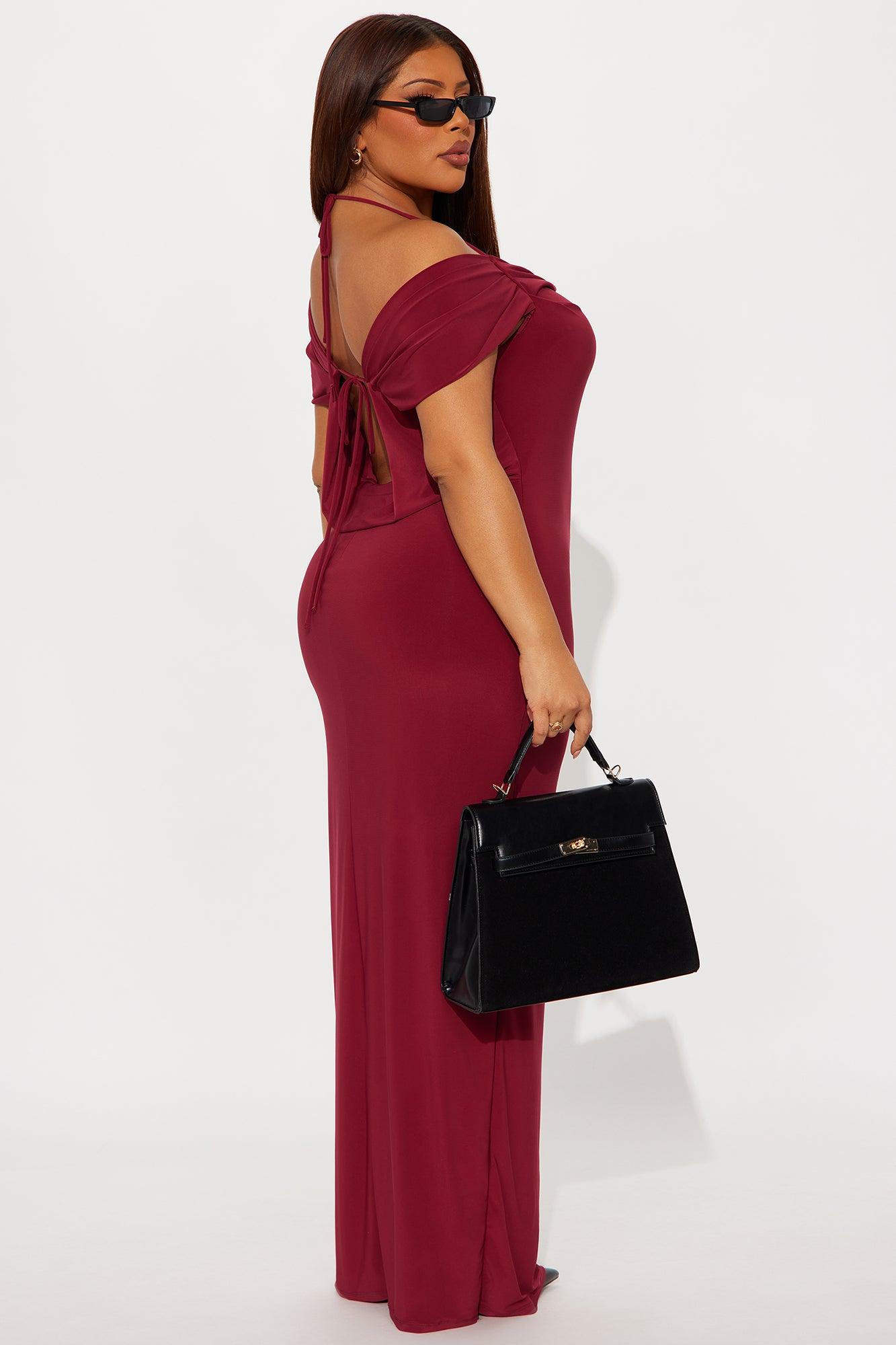 Jaden Off Shoulder Cowl Back Maxi Dress - Burgundy Female Product Image