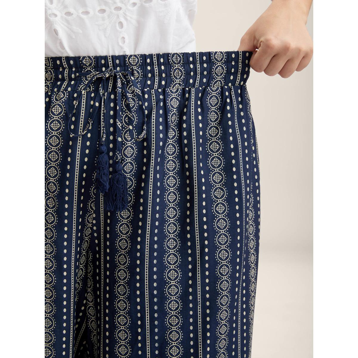 Plus Size Boho Stripe Tassel Wide-Leg Pants Women Indigo Boho Straight Leg Mid Rise Vacation Pants BloomChic 22-24/3X Product Image