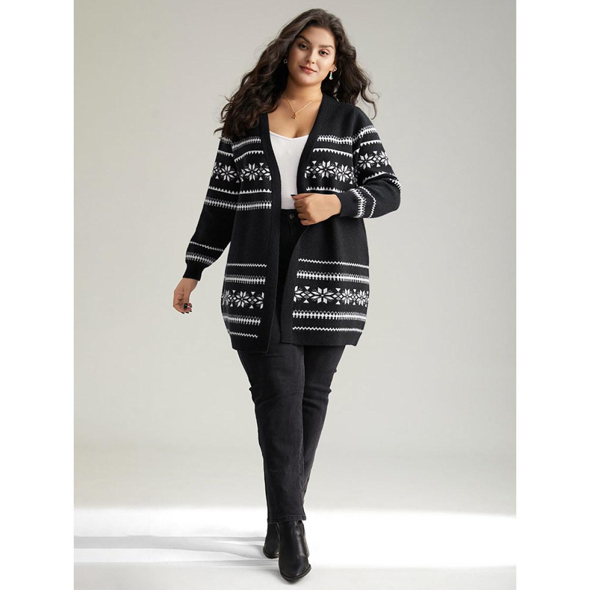 Plus Size Anti-Pilling Bandana Print Elastic Cuffs Cardigan Black Women Casual Loose Long Sleeve Festival-Christmas Cardigans BloomChic 12/L Product Image