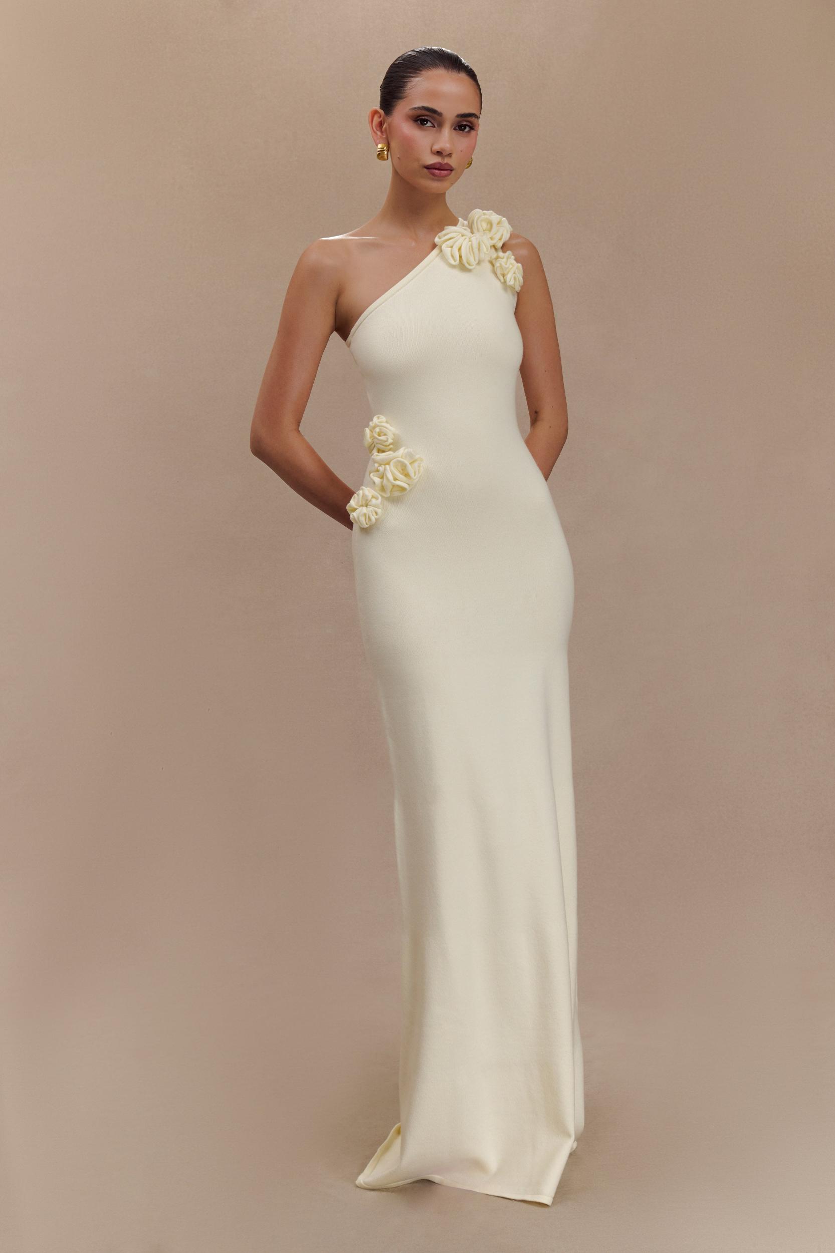 Paloma One Shoulder Knit Maxi Dress With Flowers - Ivory Product Image