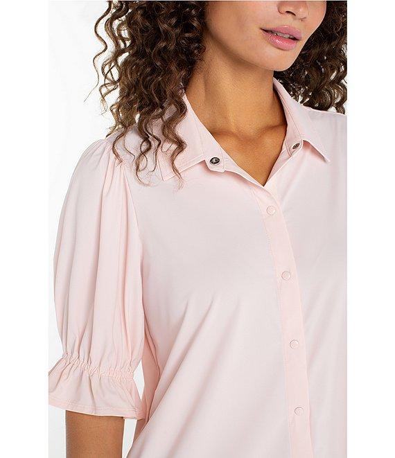 Liverpool Los Angeles Tech Knit Spread Collar Elbow-Length Puff Sleeve Button-Front Shirt Product Image