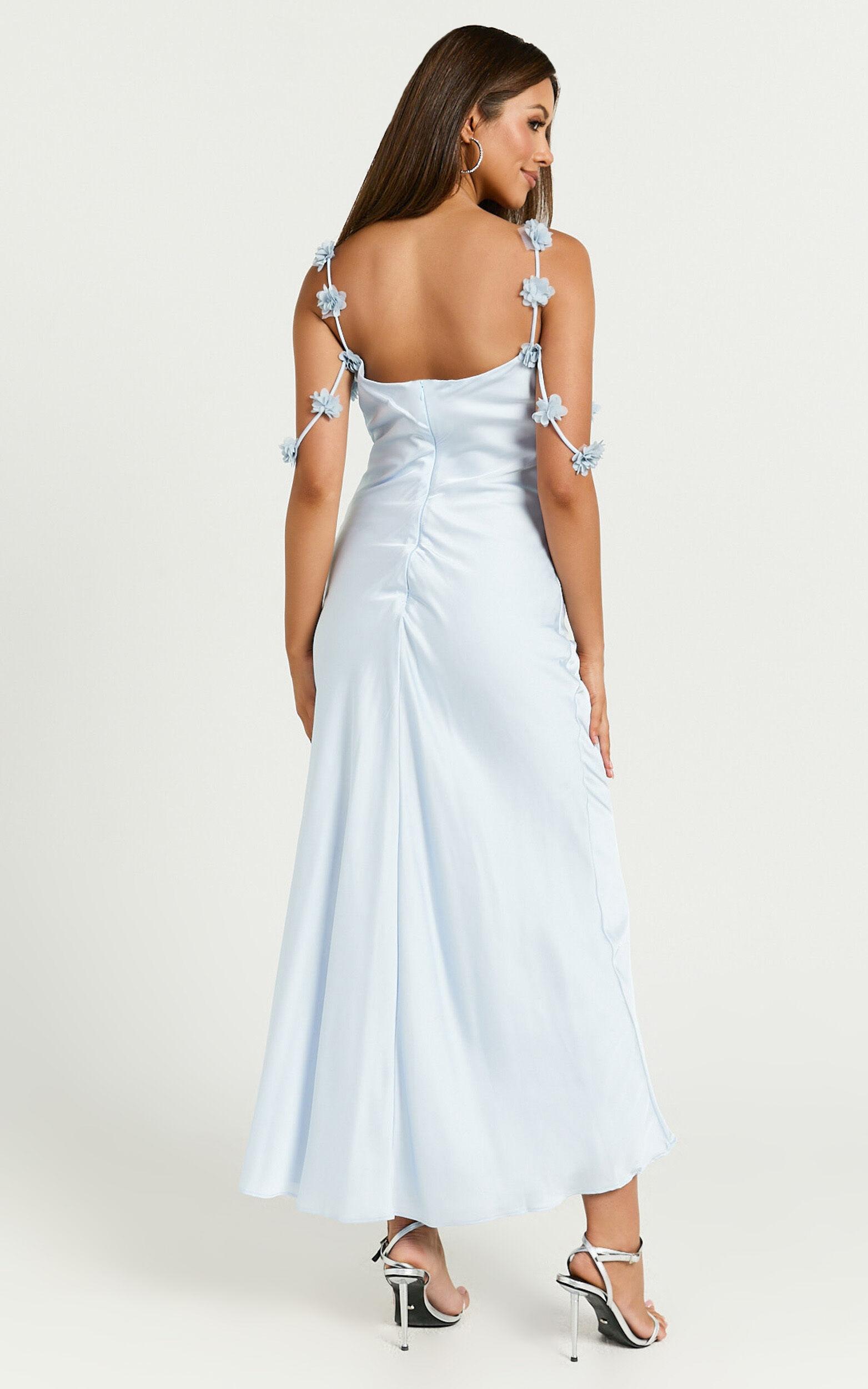 Lyka Midi Dress - Floral Straps Satin Dress in Light Blue Product Image