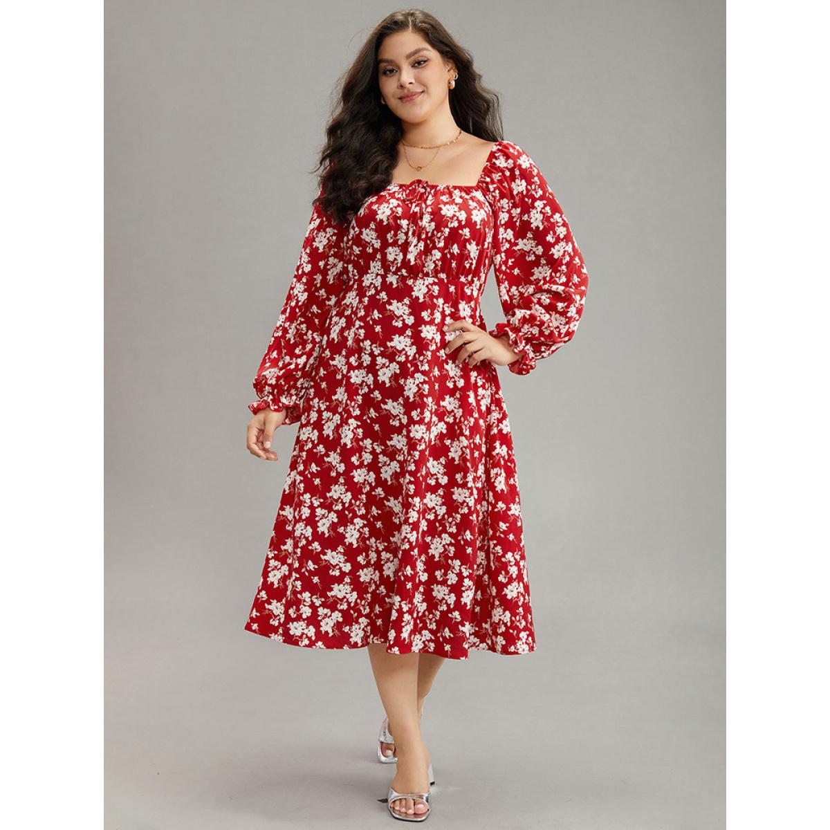 Plus Size Silhouette Floral Print Ties Lantern Sleeve Dress Crimson Women Elegant Gathered Square Neck Long Sleeve Curvy Midi Dress BloomChic 12/L Product Image