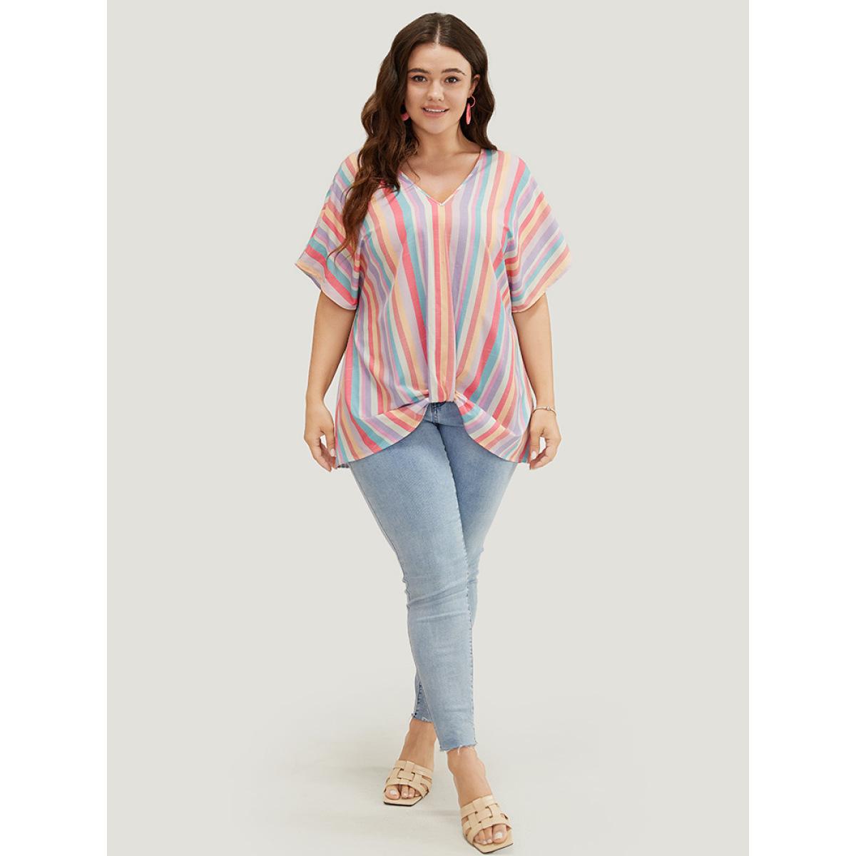 Plus Size Multicolor Rainbow Striped Batwing Sleeve Contrast Asymmetrical Hem Blouse Women Vacation Short sleeve V-neck Dailywear Blouses BloomChic 26/4X Product Image