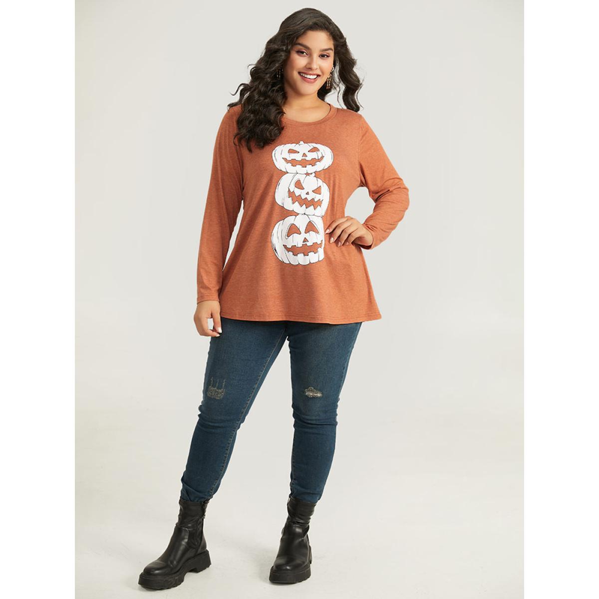 Plus Size Halloween Three Pumpkin Print Crew Neck T-shirt Chocolate Women Casual Printed Halloween Festival-Halloween T-shirts BloomChic 10/M Product Image
