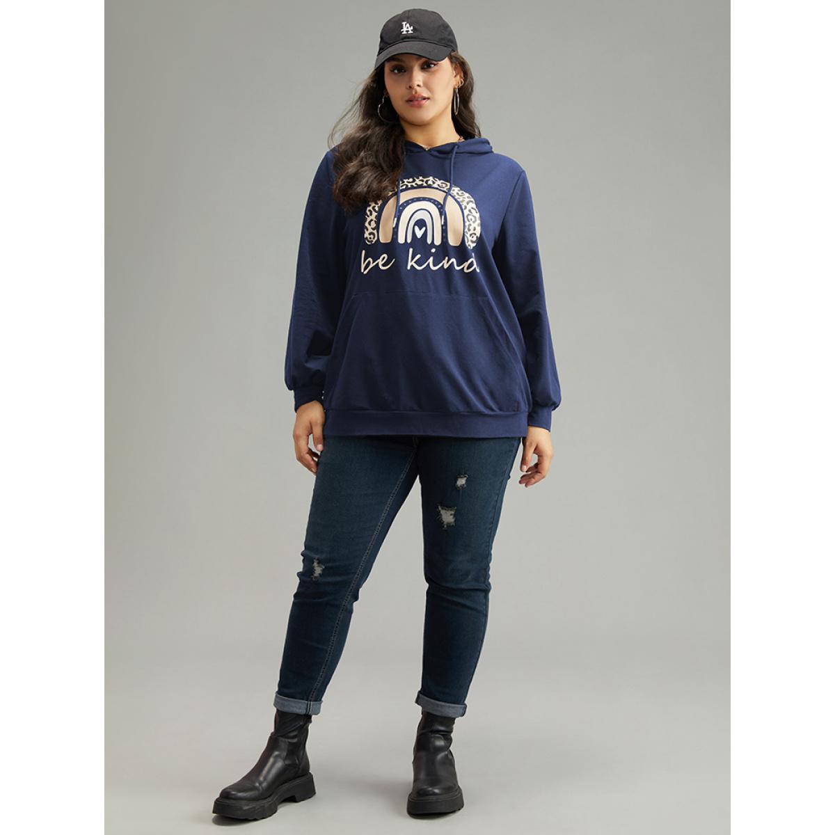 Plus Size Rainbow Print Hooded Pocket Drawstring Sweatshirt Women DarkBlue Casual Elastic cuffs Dailywear Sweatshirts BloomChic 10/M Product Image