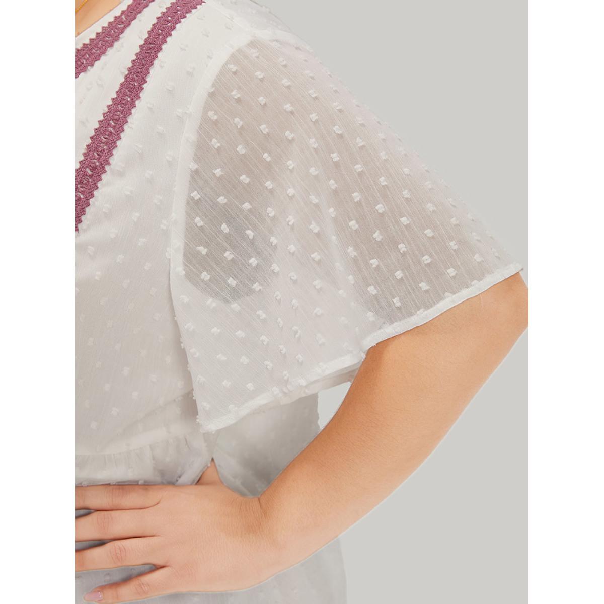 Plus Size White Polka Dot Tassels Ties Mesh Patchwork Contrast Blouse Women Vacation Short sleeve V-neck Dailywear Blouses BloomChic 10/M Product Image