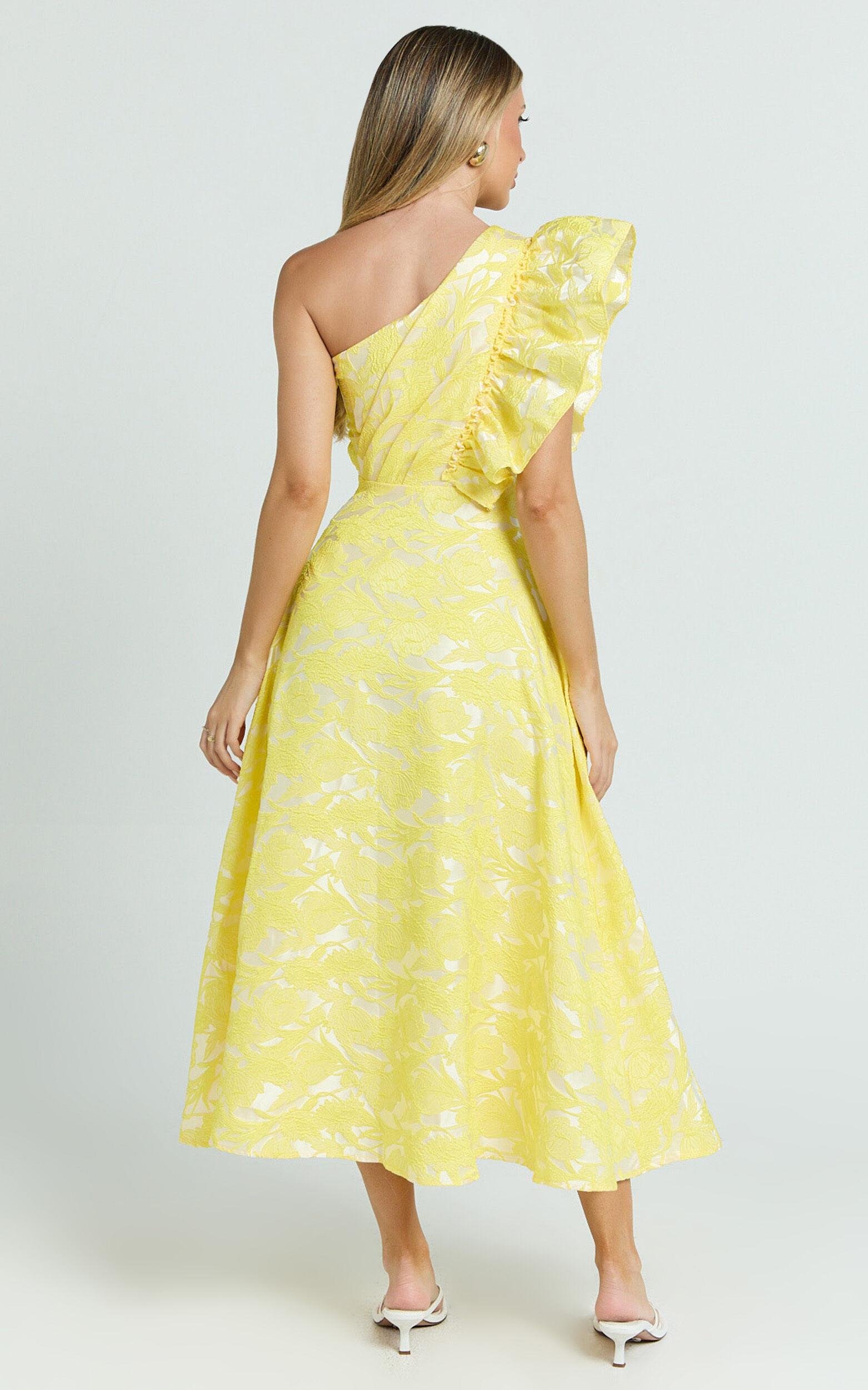 Alfreda Midi Dress - One Shoulder Ruffle Detail Brailey Jacquard Dress in Yellow Jacquard Product Image
