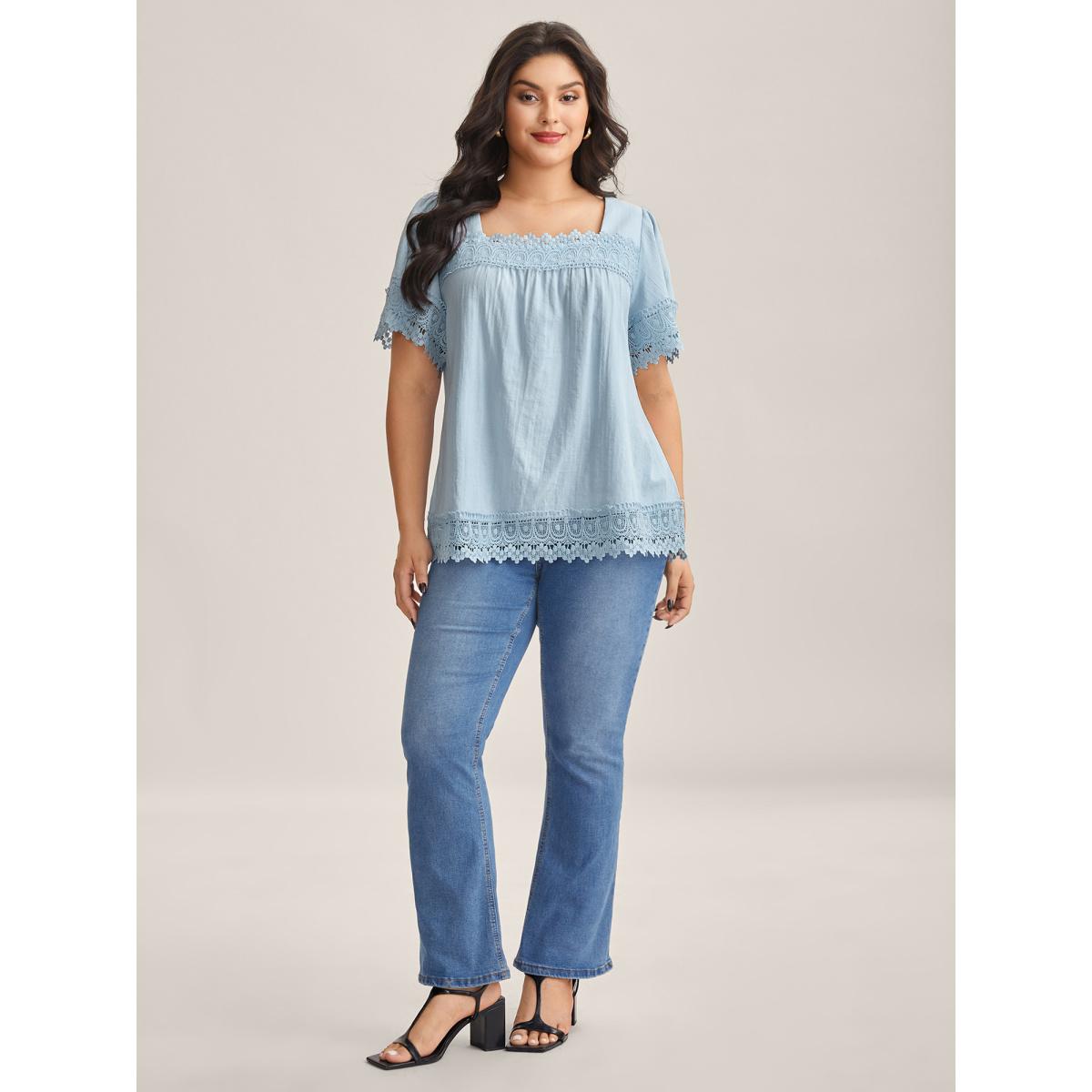 Plus Size LightBlue Lace Trim Spliced Solid Blouse Women Romantic Short sleeve Square Neck Elegant Blouses BloomChic 18-20/2X Product Image