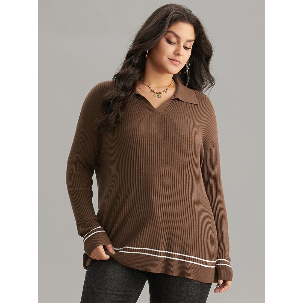 Plus Size Supersoft Essentials Polo Striped Contrast Pullover Maroon Women Casual Loose Long Sleeve Polo Dailywear Pullovers BloomChic 14-16/1X Product Image