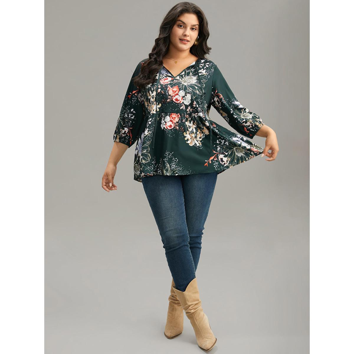 Plus Size DarkGreen Floral Print Knot Neck Pompom Trim Gathered Blouse Women Elegant Elbow-length sleeve Tie Neck Everyday Blouses BloomChic 12/L Product Image