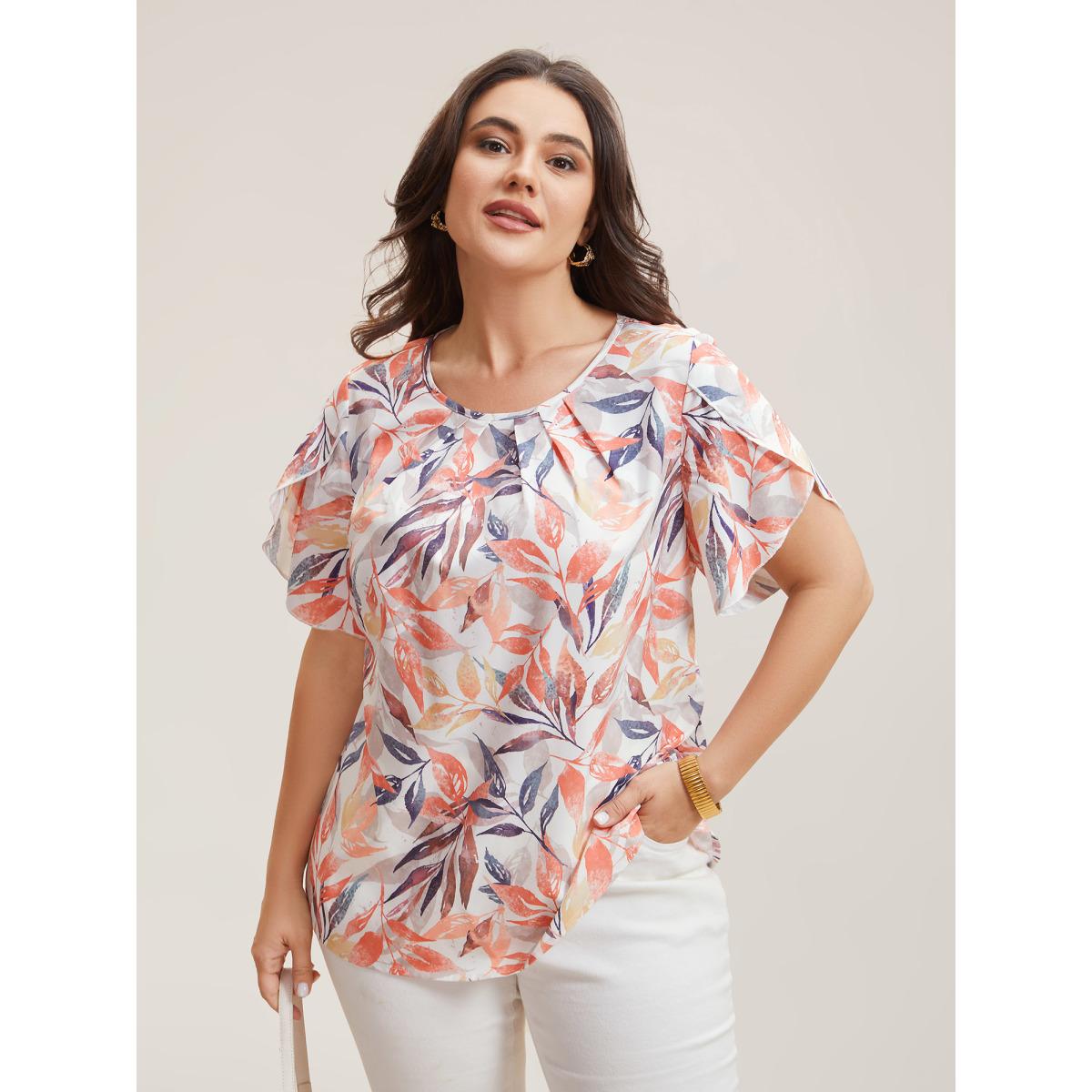 Plus Size Multicolor Floral Petal Sleeve Pleated Shirt Women Office Short sleeve Round Neck Office Blouses BloomChic 26/4X Product Image