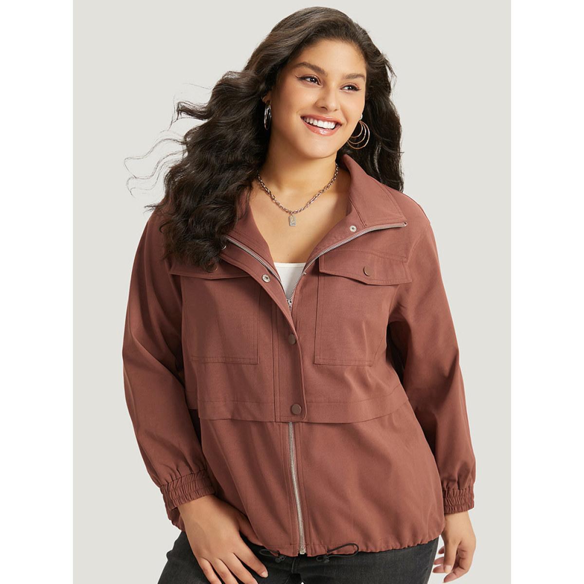 Plus Size Halloween Plain Flap Pocket Shirred Drawstring Zipper Fly Jacket Women Russet Elastic cuffs Pocket Dailywear Jackets BloomChic 26/4X Product Image