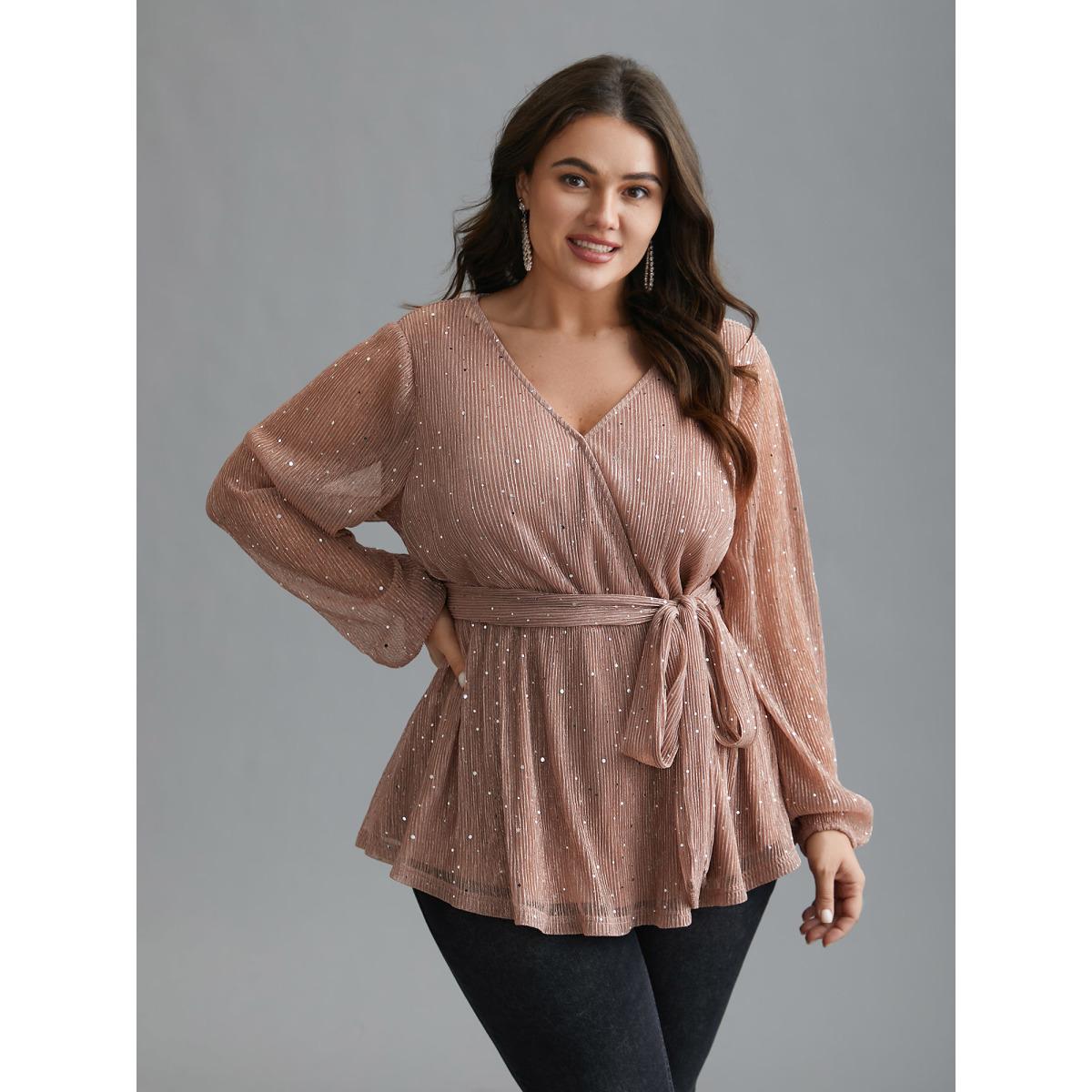 Plus Size Rouge Sequin Mesh Lantern Sleeve Wrap Belted Striped Blouse Women Party&Cocktail Long Sleeve Overlap Collar Party Blouses BloomChic 14-16/1X Product Image