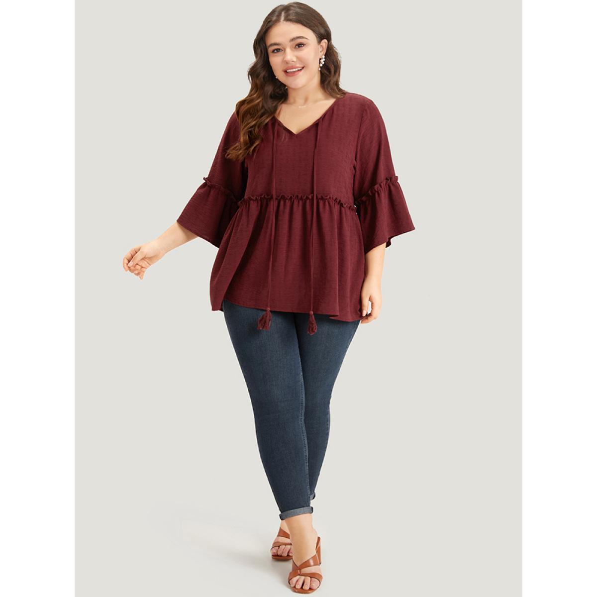 Plus Size Scarlet Plain V Neck Frill Trim Tassel Bell Hem Blouse Women Vacation Elbow-length sleeve V-neck Dailywear Blouses BloomChic 22-24/3X Product Image