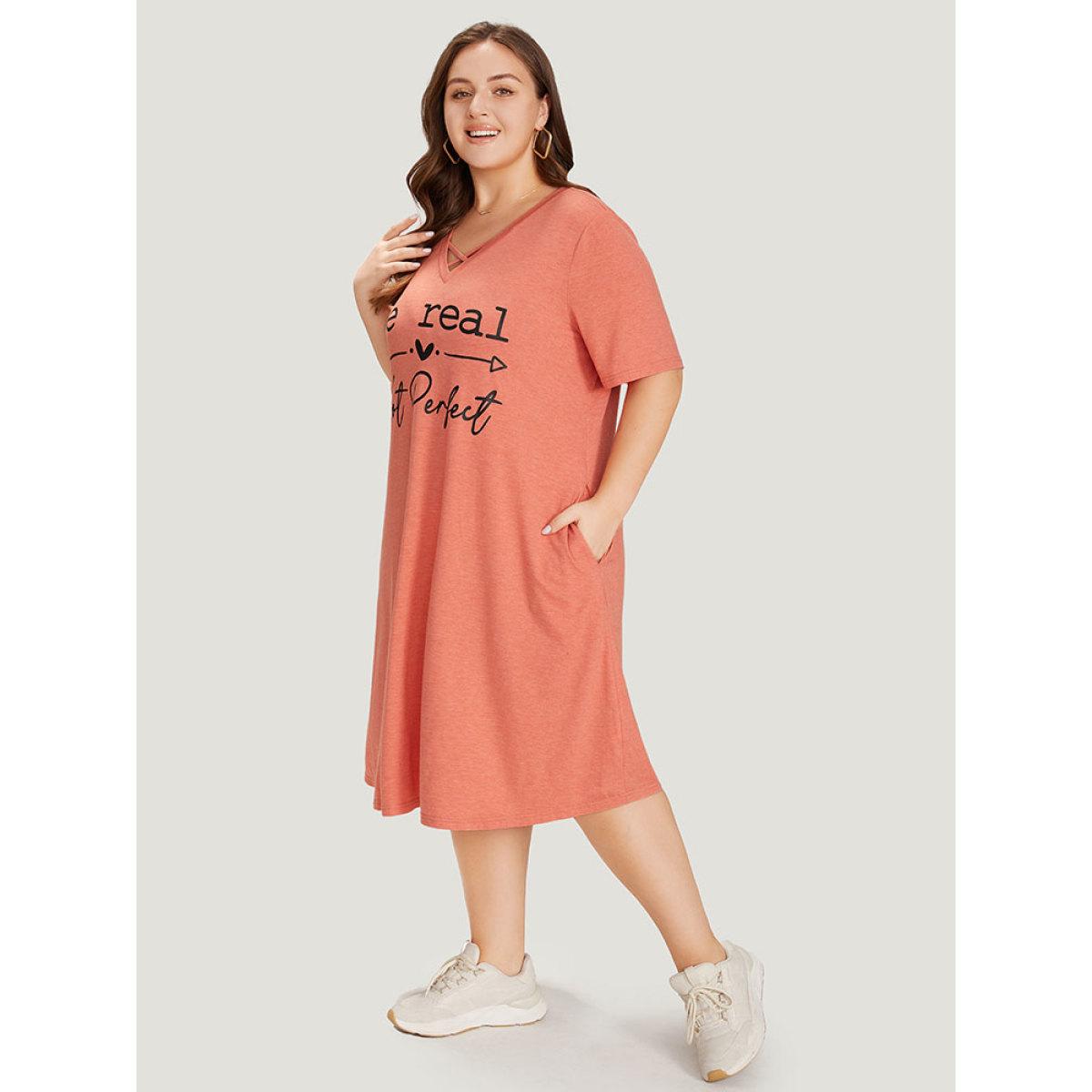 Plus Size Supersoft Essentials Letter Print Pocket Crisscross Neck Dress Coral Women Casual Plain Curvy Midi Dress BloomChic 18-20/2X Product Image